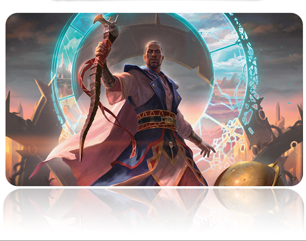 Futuristic weapon with character holding a staff against a sci-fi background