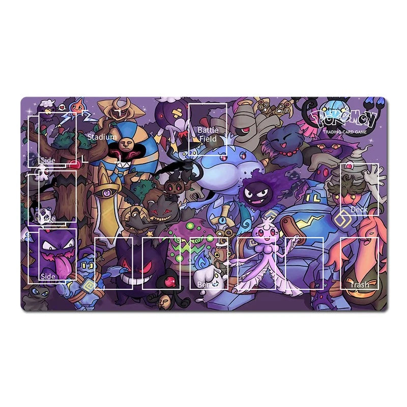 A rectangular gaming playmat featuring a dense, colorful cartoon illustration of various fantasy creatures, monsters, and characters on a purple background. The playmat includes white grid lines and player labels such as 'Stadium', 'Battle Field', 'Grim', 'Cabin', and 'Trash'.