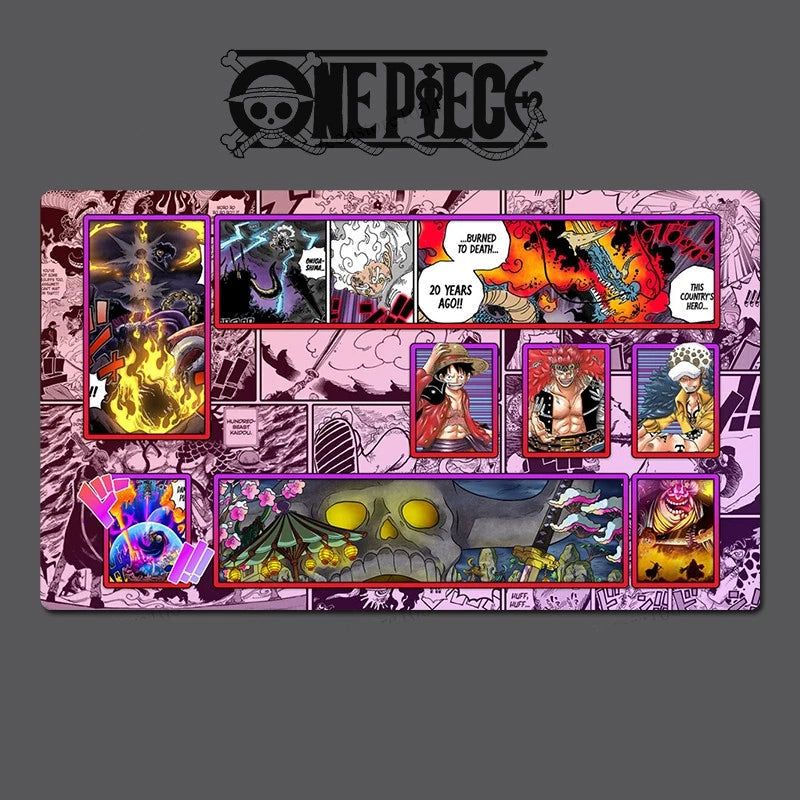 One Piece-themed playmat with character illustrations and text on a gray background