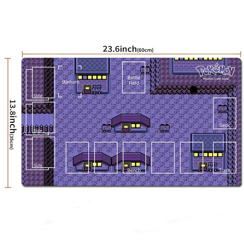 A Pokémon trading card game playmat shown flat against a white background, with printed purple and dark gray pixel-art map graphics and white outlined card slots. Measurement labels reading 23.