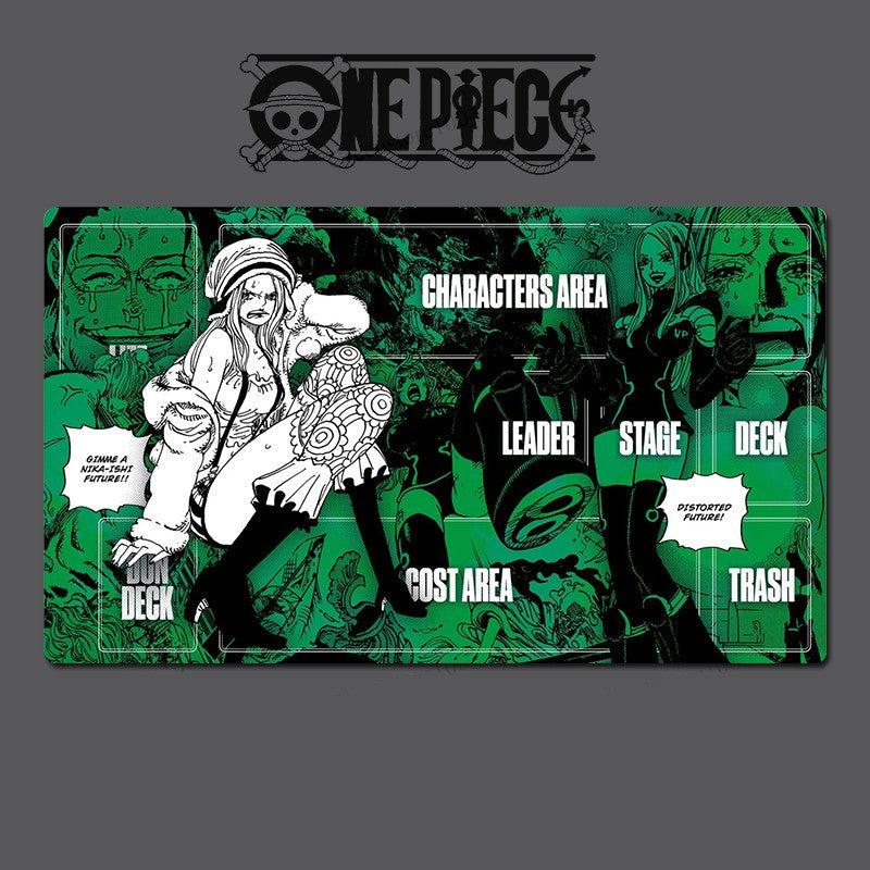 Playmat with 'One Piece' character design on a green and black background