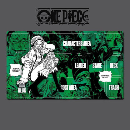 Playmat with 'One Piece' character design on a green and black background