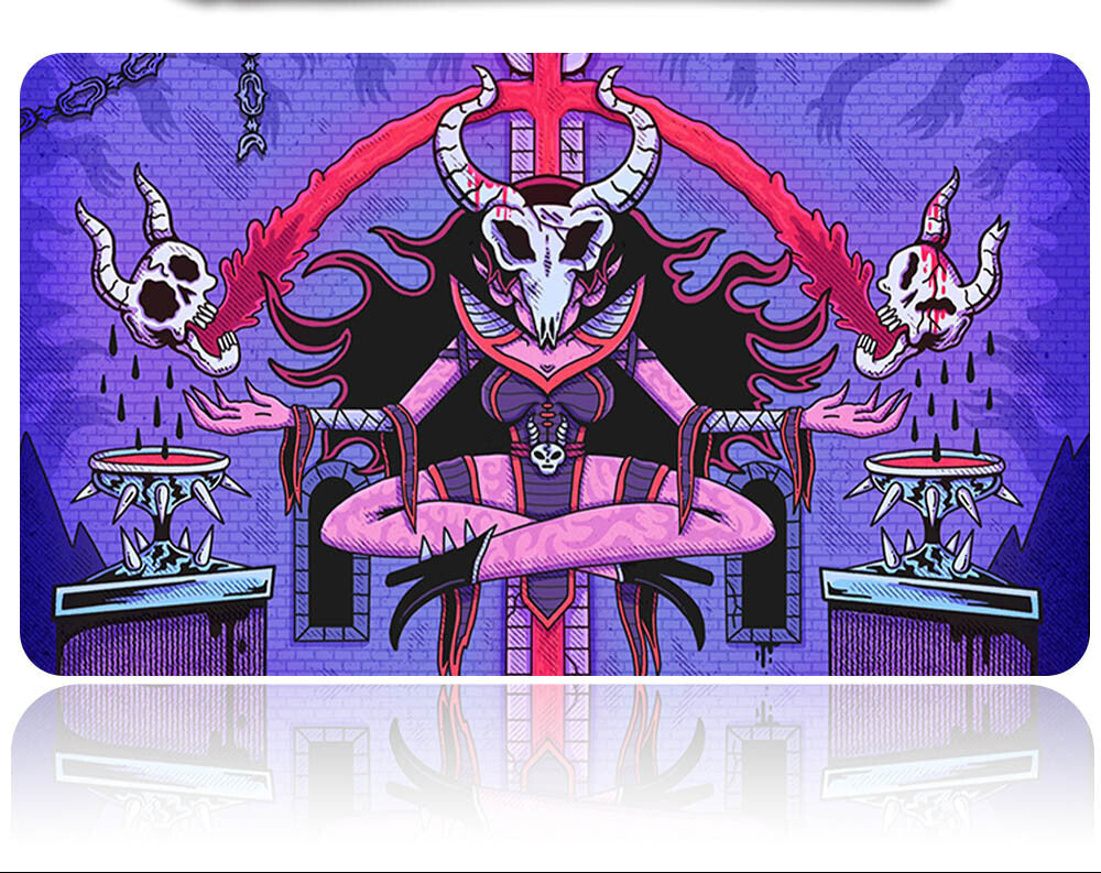 Colorful card with a fantasy design featuring a central figure with horns and a purple background.