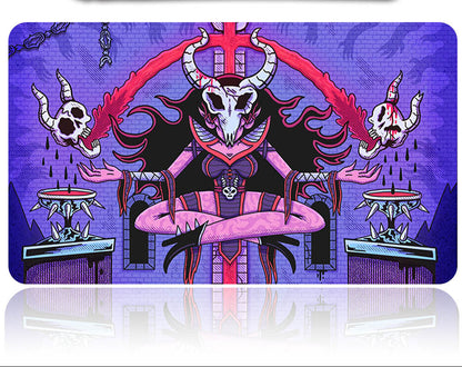 Colorful card with a fantasy design featuring a central figure with horns and a purple background.