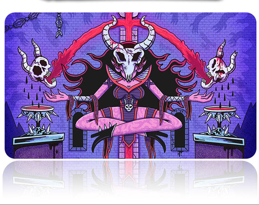 Colorful card with a fantasy design featuring a central figure with horns and a purple background.