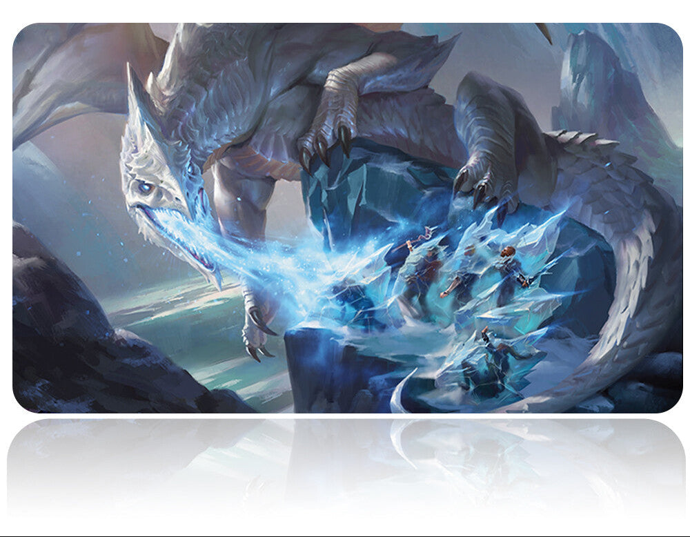 Mouse pad with a dragon design and characters, featuring a pen on a white background.