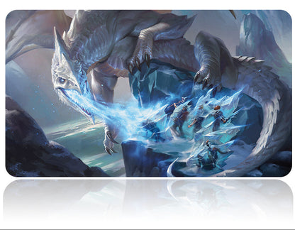 Mouse pad with a dragon design and characters, featuring a pen on a white background.