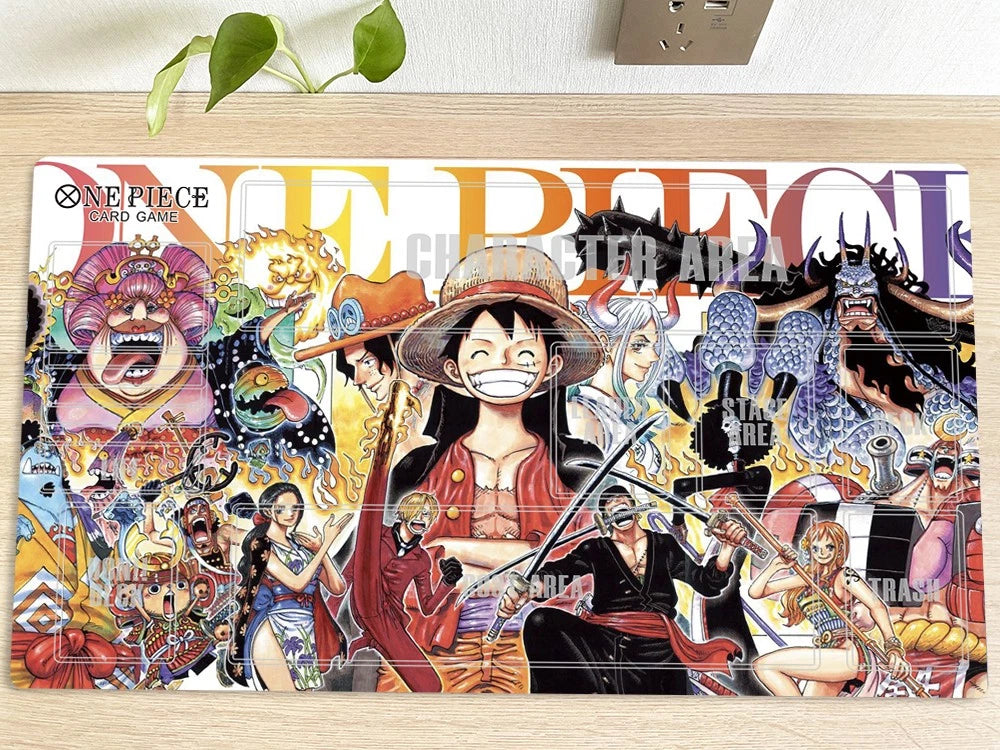 One Piece card game booster pack with various characters on a wooden surface.