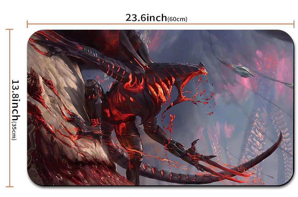 Decorative mouse pad with a dragon design and measurements, accompanied by a carrying pouch.