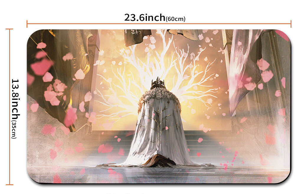 Illustration of a person in a hooded cloak with glowing branches, surrounded by pink petals, with dimensions displayed.