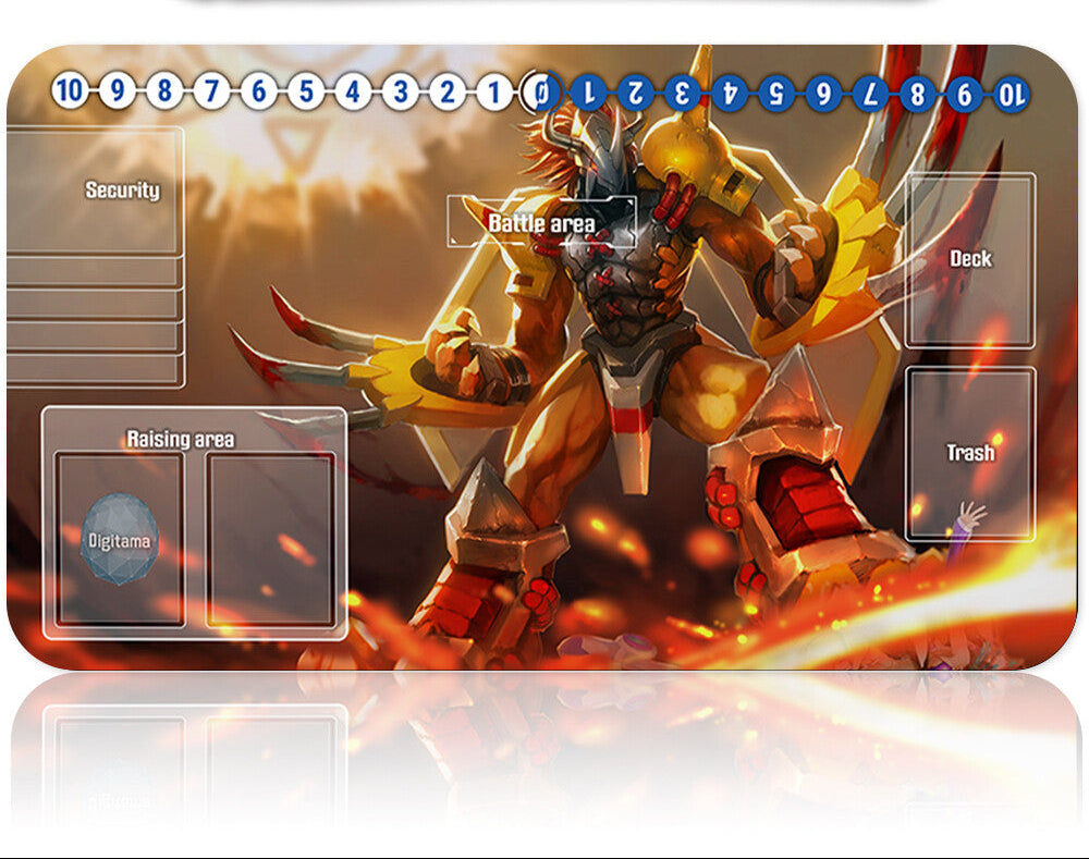 Card game mat with a character design and card holder on a white background