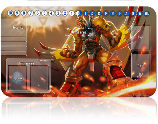 Card game mat with a character design and card holder on a white background