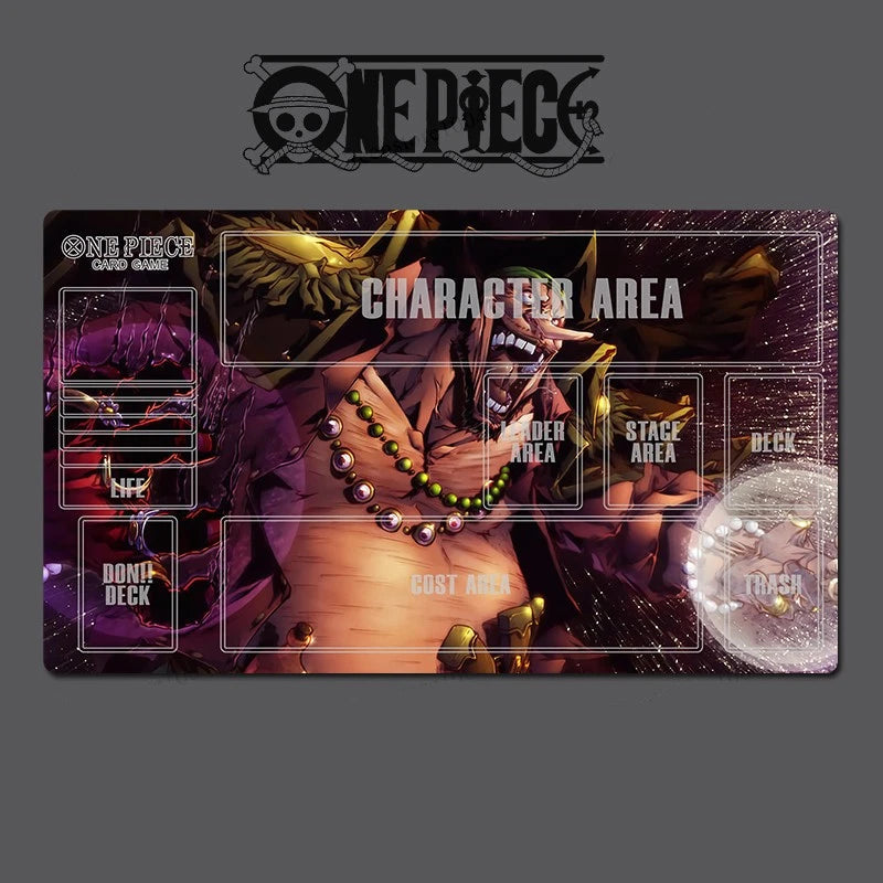 A One Piece themed gaming playmat featuring an illustrated character scene with labeled zones such as character area, stage area, deck area, and cost area, shown on a dark gray background with a One Piece logo above.