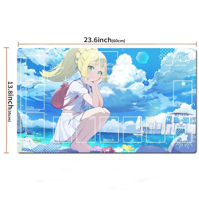 An anime-themed desk mat or playmat featuring a blonde girl crouching in front of a blue sky and ocean scene, shown with printed dimensions and white overlay boxes on a white background.