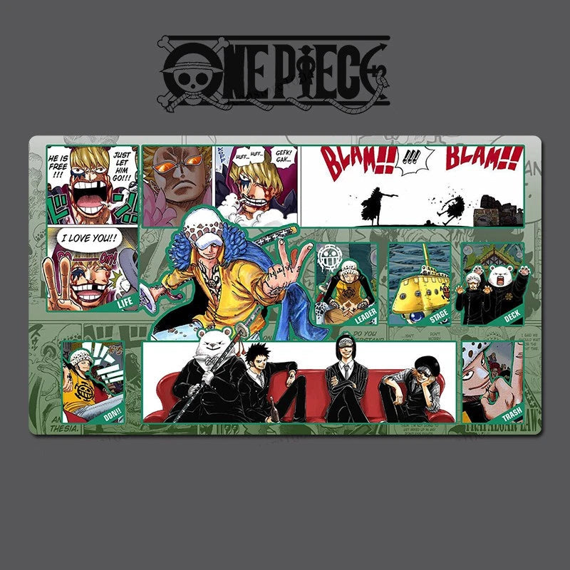 Collage of One Piece characters and scenes on a gray background with 'One Piece' logo.