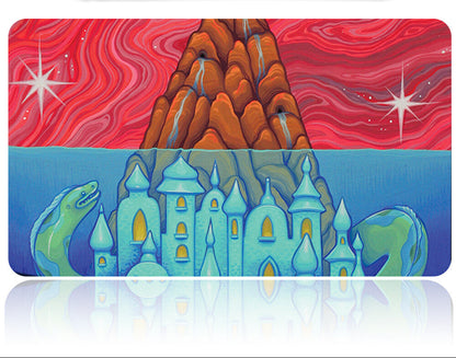Colorful license plate with castle design and tool on a white background