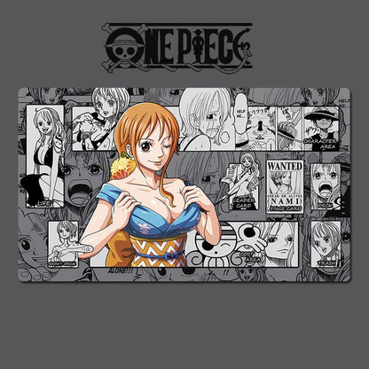 A rectangular printed mat or plaque featuring One Piece anime artwork, including Nami in the center and a collage of black-and-white character panels and wanted posters around her, shown on a dark gray background with the One Piece logo above.