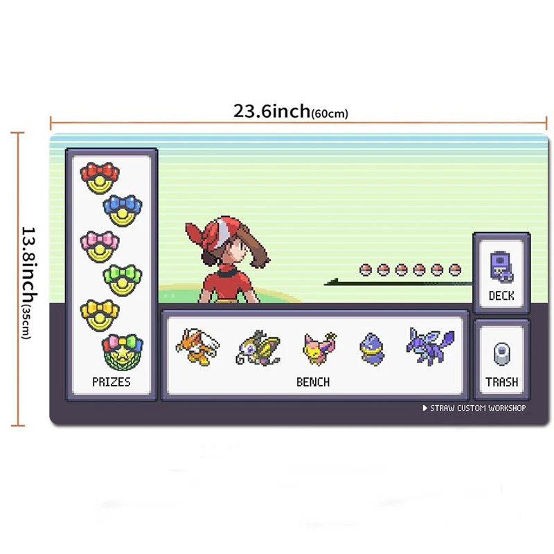 A rectangular printed desk mat or playmat shown on a white background with dimension lines indicating 23.6 inches by 13.