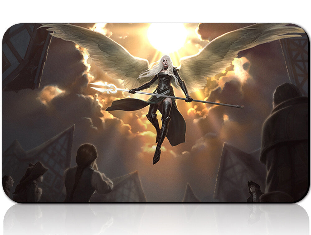 Laptop skin with angelic figure design and a pen on a white background
