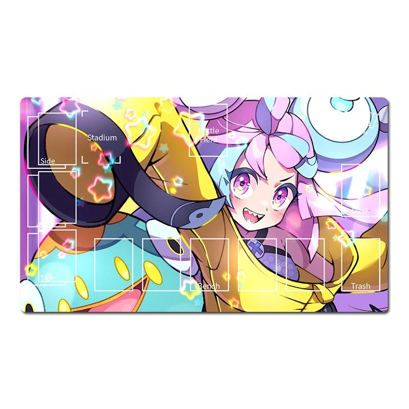 A rectangular gaming playmat featuring colorful anime-style artwork of a character with pink hair and purple eyes, overlaid with white playmat markings including 'Stadium', 'Safe', 'Trash', and 'Side'.