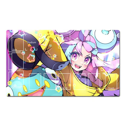 A rectangular gaming playmat featuring colorful anime-style artwork of a character with pink hair and purple eyes, overlaid with white playmat markings including 'Stadium', 'Safe', 'Trash', and 'Side'.