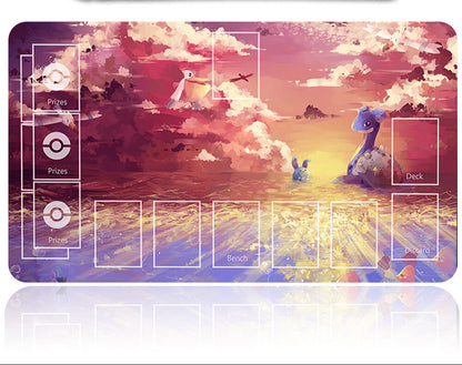 Pokémon-themed playmat with artwork of characters and scenery, accompanied by a pen.