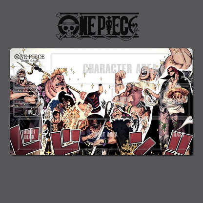 A rectangular One Piece themed character art print or sticker sheet featuring multiple anime characters in a collage, with the One Piece logo at the top and character names printed along the bottom, shown on a dark gray background.