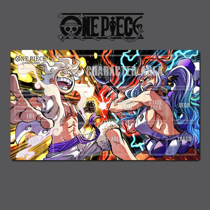 One Piece card game playmat with two characters on a gray background