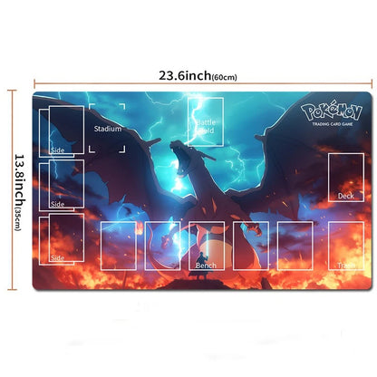 A Pokémon trading card game playmat shown flat on a white background, with printed artwork of a dragon and fiery storm scene, plus white layout markers and dimension labels indicating 23.6 inches by 13.