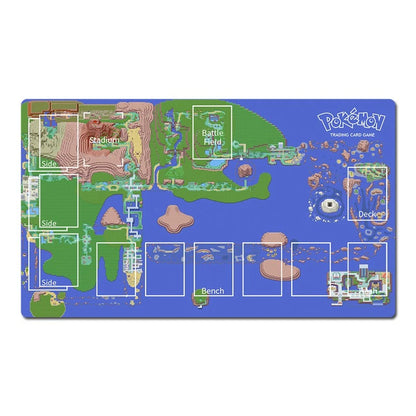 Pokémon Trading Card Game playmat featuring a colorful illustrated map layout with labeled zones such as Stadium, Battle Field, Deck, Bench, and Side. The mat is shown on a plain white background.