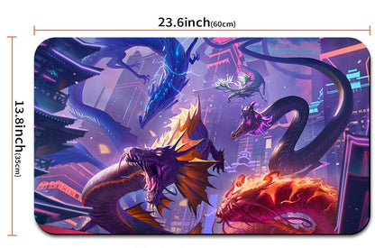 Dragon-themed mouse pad with dimensions and a carrying strap shown.