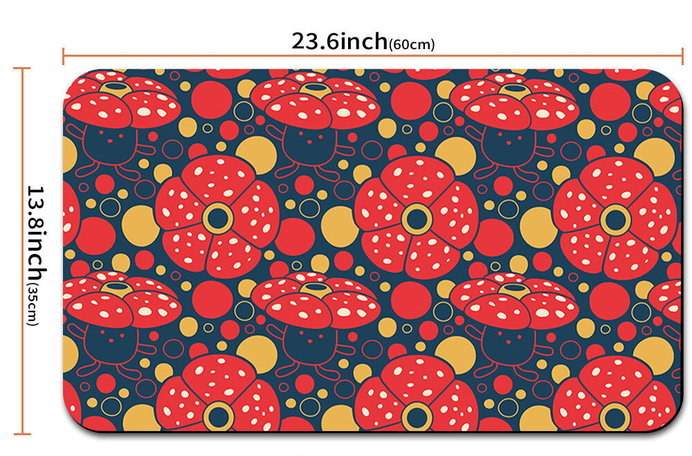 Floral patterned mat with dimensions and a carrying strap shown below.