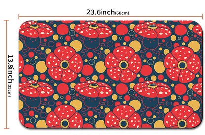 Floral patterned mat with dimensions and a carrying strap shown below.