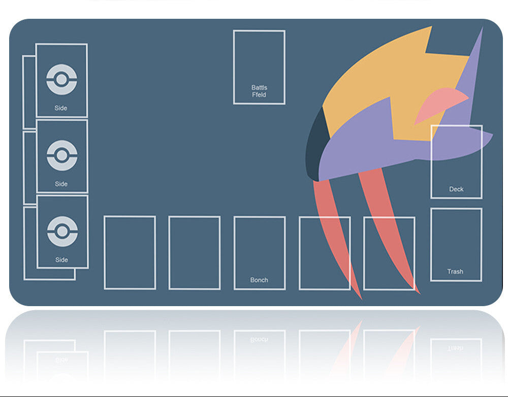 Pokémon-themed game mat with a stylized character and compartmentalization on a blue background.