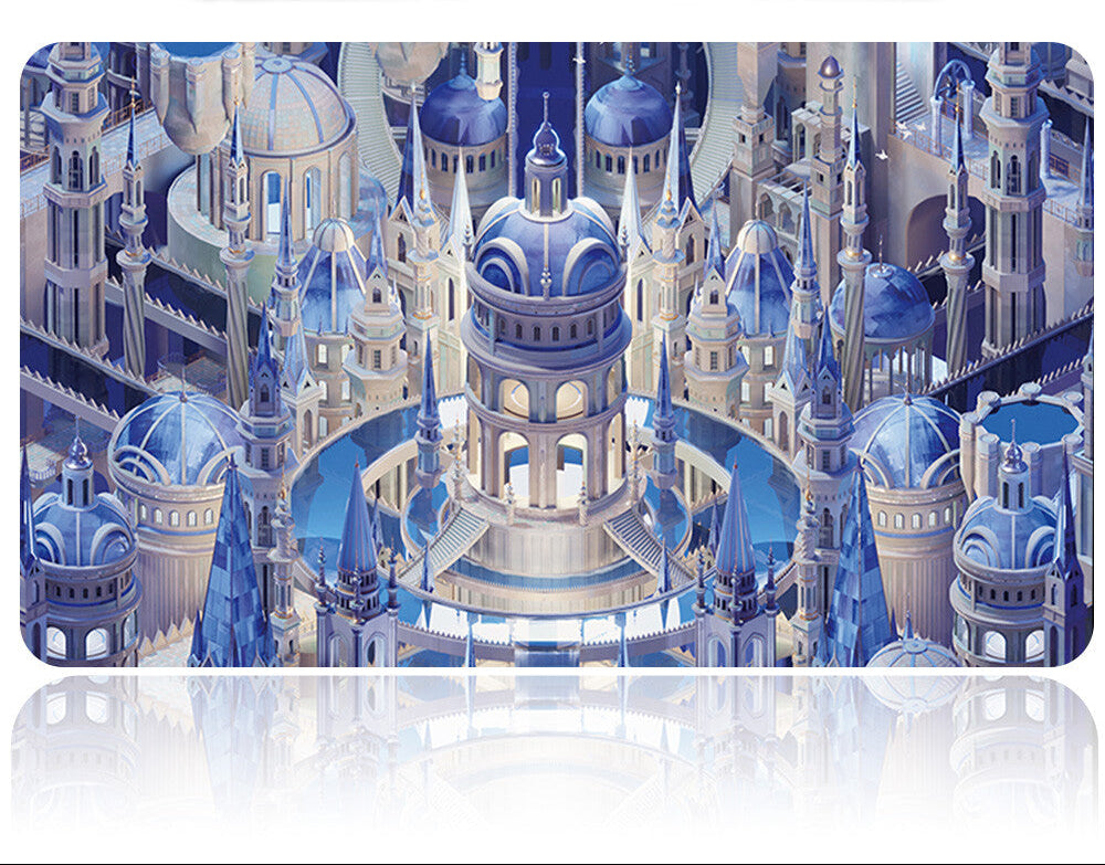 Product packaging with a castle design and a metallic handle on a white background