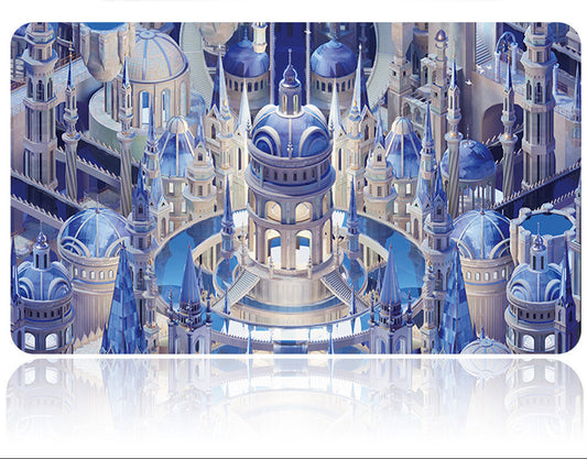 Product packaging with a castle design and a metallic handle on a white background