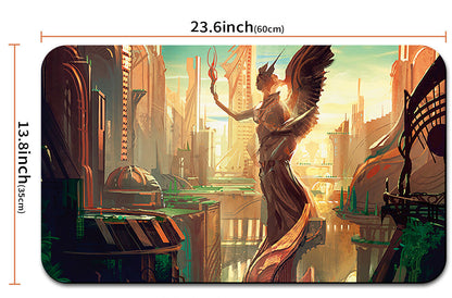 Illustrated cityscape with a woman and measurements of the product