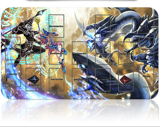 Card game mat with dragon illustrations and card slots, accompanied by a pen.