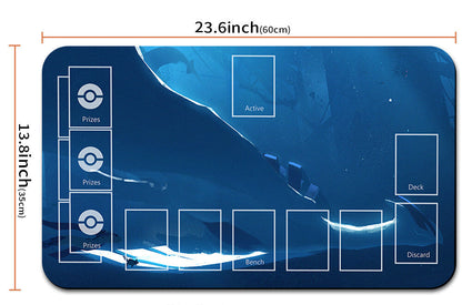 Blue playmat with card layout and dimensions, accompanied by a silver drawstring bag.
