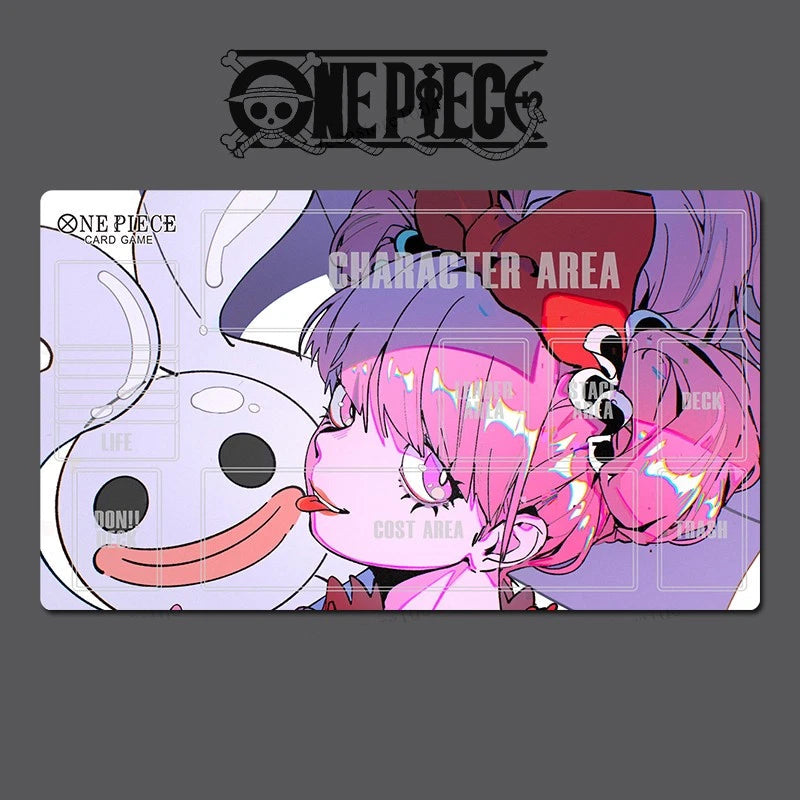 Card game mat with anime character design and 'One Piece' branding