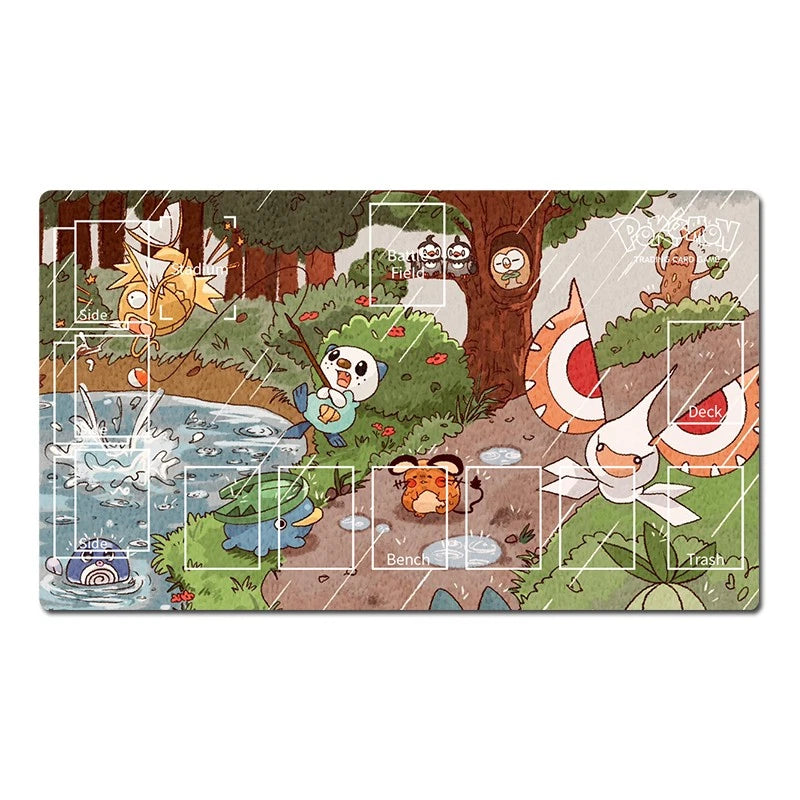 A rectangular illustrated playmat or game board featuring a whimsical outdoor scene with cartoon characters, trees, water, and grid lines. The artwork includes multiple Pokémon-style creatures and small text labels such as 'Back' and 'front.