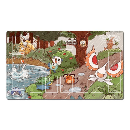 A rectangular illustrated playmat or game board featuring a whimsical outdoor scene with cartoon characters, trees, water, and grid lines. The artwork includes multiple Pokémon-style creatures and small text labels such as 'Back' and 'front.
