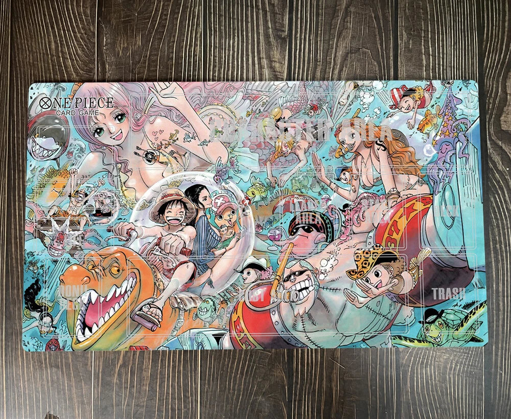 Colorful illustration of animated characters on a wooden surface
