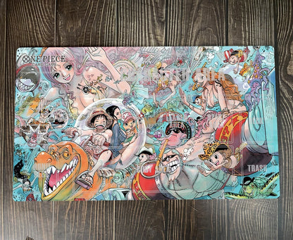 Colorful illustration of animated characters on a wooden surface