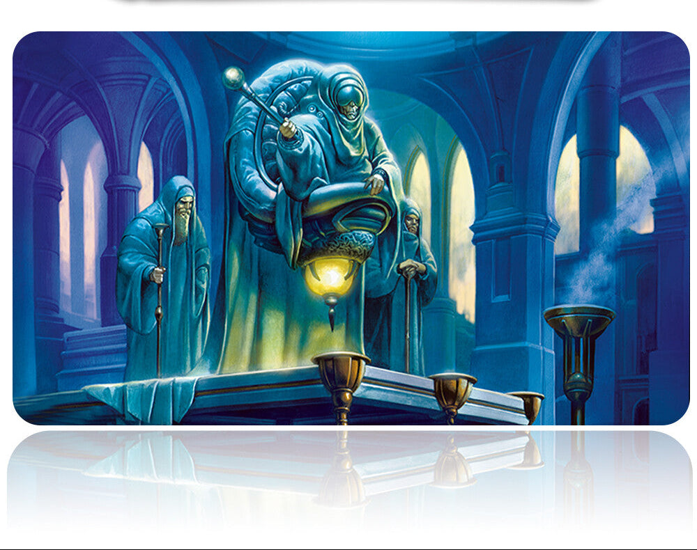 Futuristic robot in a blue, otherworldly setting with arches and lights.