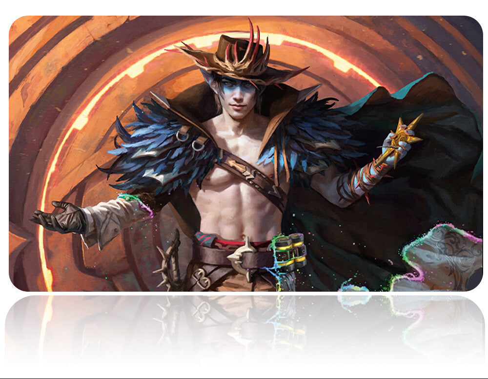 Character with fantasy armor and weapons on a reflective surface