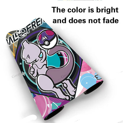 A roll of wrapping paper featuring a colorful cartoon illustration of Mew with Pokéball motifs and abstract geometric shapes, shown on a white background with promotional text.