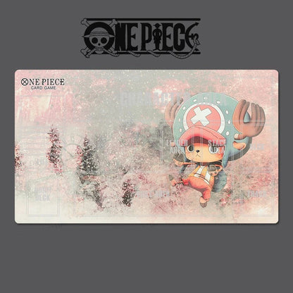 One Piece card game playmat with character design on a gray background