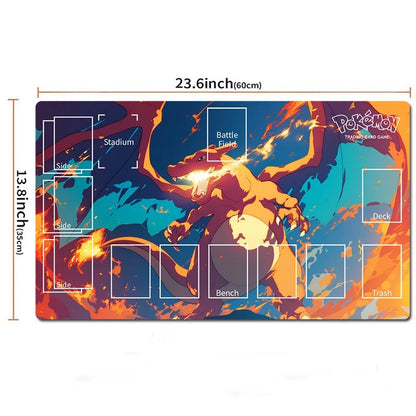 A rectangular Pokémon trading card playmat shown on a white background with dimension labels. The playmat features a colorful Charizard illustration with fiery orange and blue tones, and printed card-area guides labeled for sides, bench, deck, trash, and battle field.