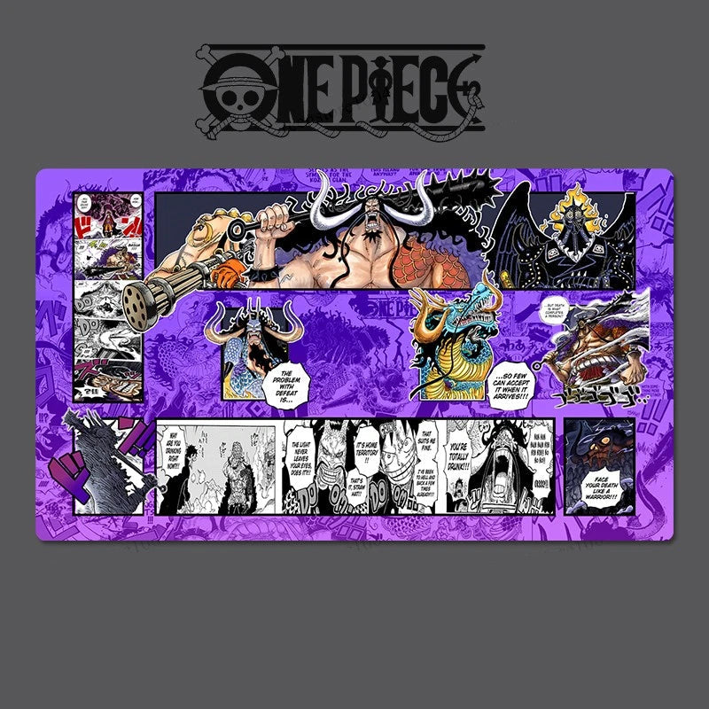 One Piece-themed placemat with character illustrations on a purple background